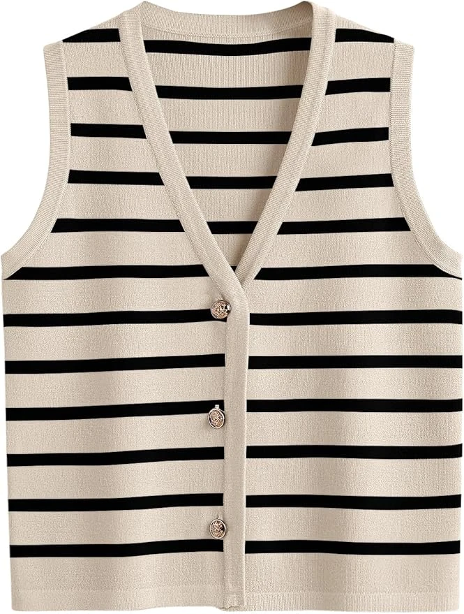 LILLUSORY Vest Tops for Women 2025 Fall Outfits Striped Sweaters Button Up Casua
