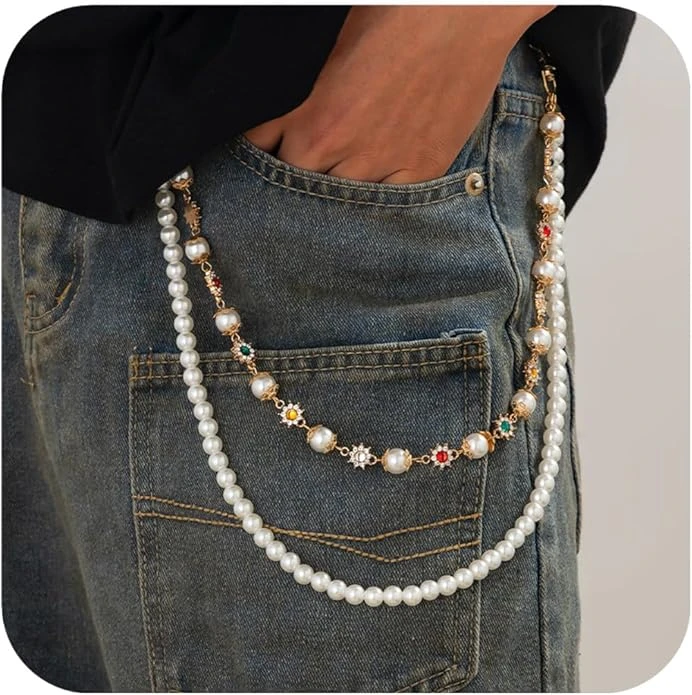 Layered Pants Wallet Chain for Men Women Trendy Vintage Flower Pearl Rhinestone 